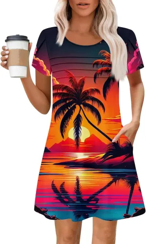 Summer Dresses for Women 2025 Floral Beach Loose Tshirt Dress Casual Short Sleeve Flowy Sundresses with Pockets