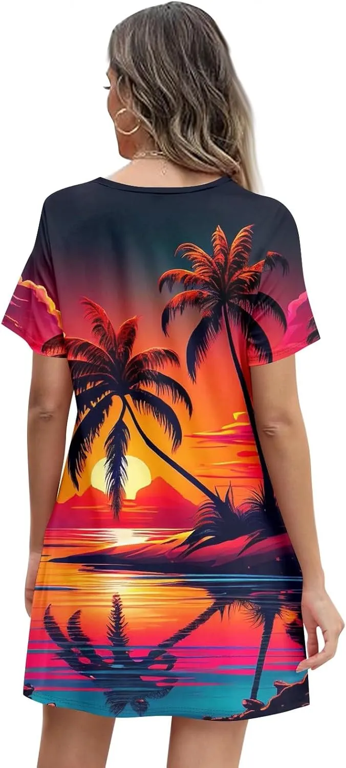 Summer Dresses for Women 2025 Floral Beach Loose Tshirt Dress Casual Short Sleeve Flowy Sundresses with Pockets