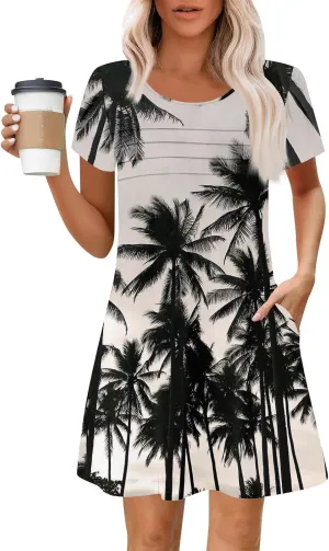 Summer Dresses for Women 2025 Floral Beach Loose Tshirt Dress Casual Short Sleeve Flowy Sundresses with Pockets