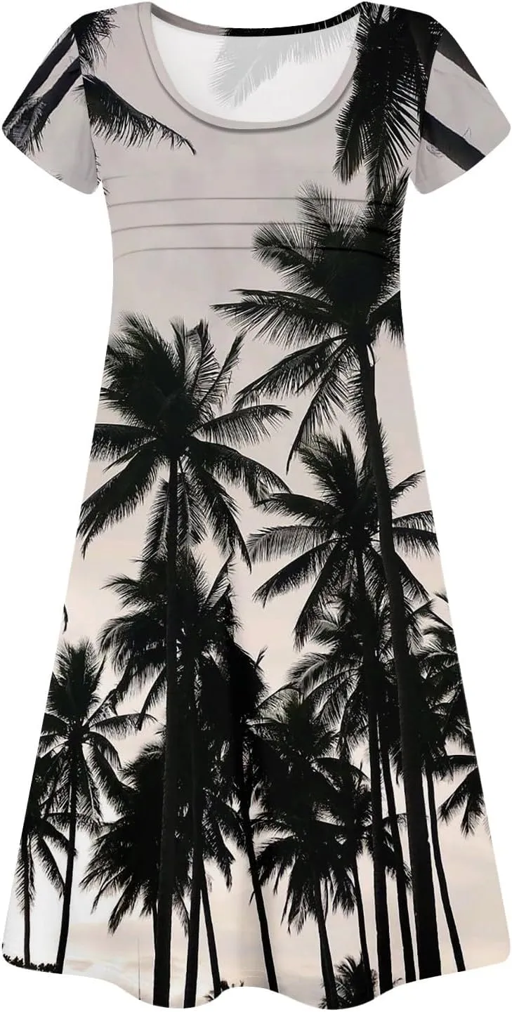 Summer Dresses for Women 2025 Floral Beach Loose Tshirt Dress Casual Short Sleeve Flowy Sundresses with Pockets