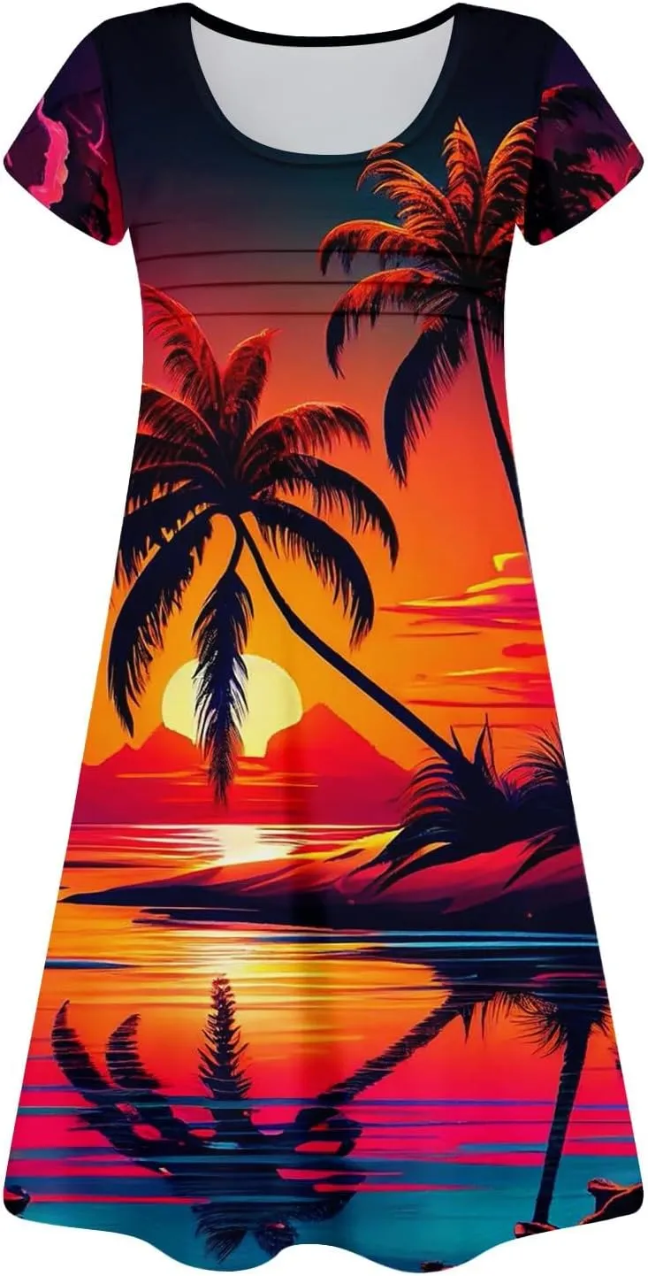 Summer Dresses for Women 2025 Floral Beach Loose Tshirt Dress Casual Short Sleeve Flowy Sundresses with Pockets