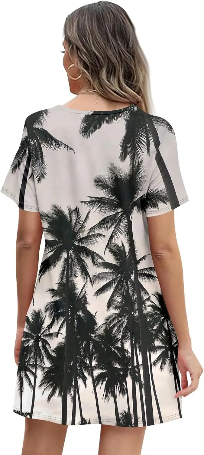 Summer Dresses for Women 2025 Floral Beach Loose Tshirt Dress Casual Short Sleeve Flowy Sundresses with Pockets