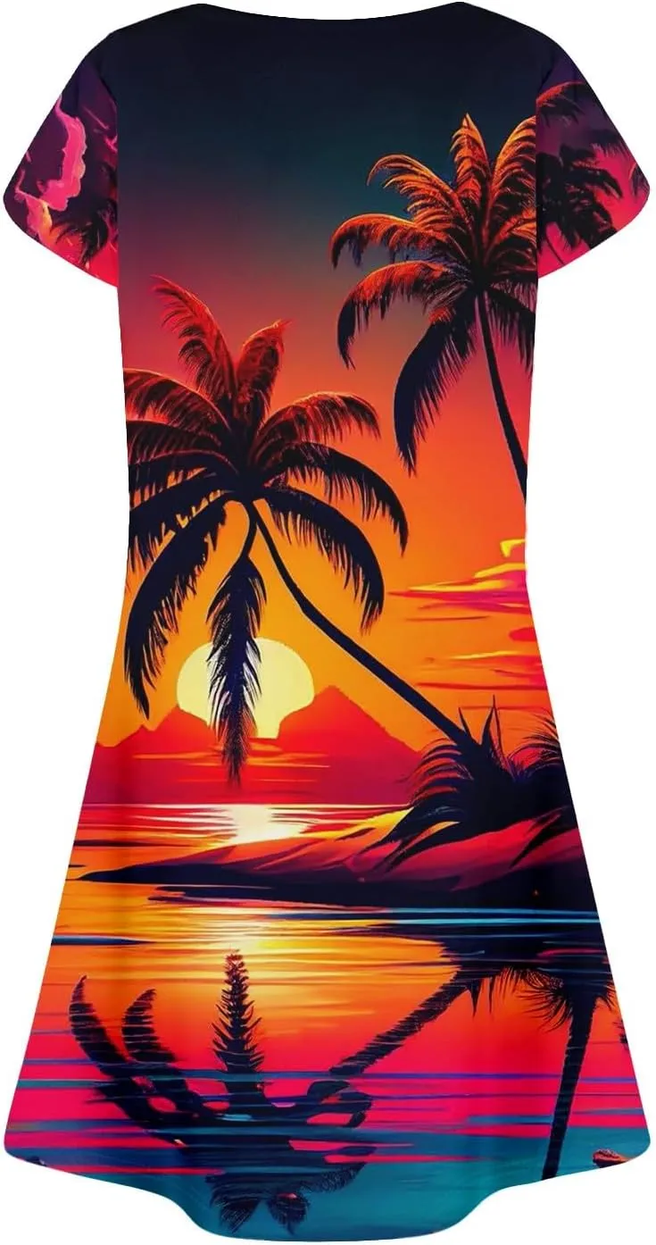 Summer Dresses for Women 2025 Floral Beach Loose Tshirt Dress Casual Short Sleeve Flowy Sundresses with Pockets