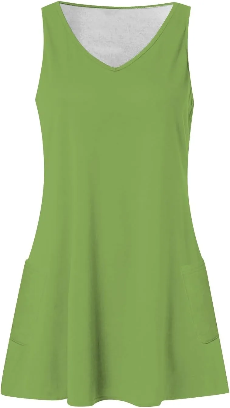 Summer Dresses for Women 2025 Vacation Beach Mini Dress V Neck Sleeveless Swing Tank Sundresses with Pockets