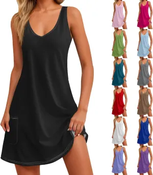 Summer Dresses for Women 2025 Vacation Beach Mini Dress V Neck Sleeveless Swing Tank Sundresses with Pockets
