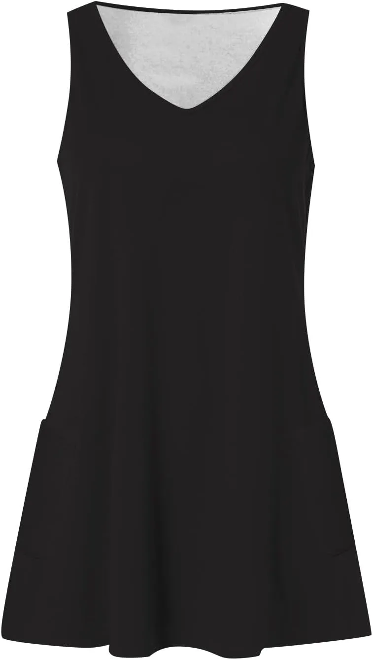 Summer Dresses for Women 2025 Vacation Beach Mini Dress V Neck Sleeveless Swing Tank Sundresses with Pockets