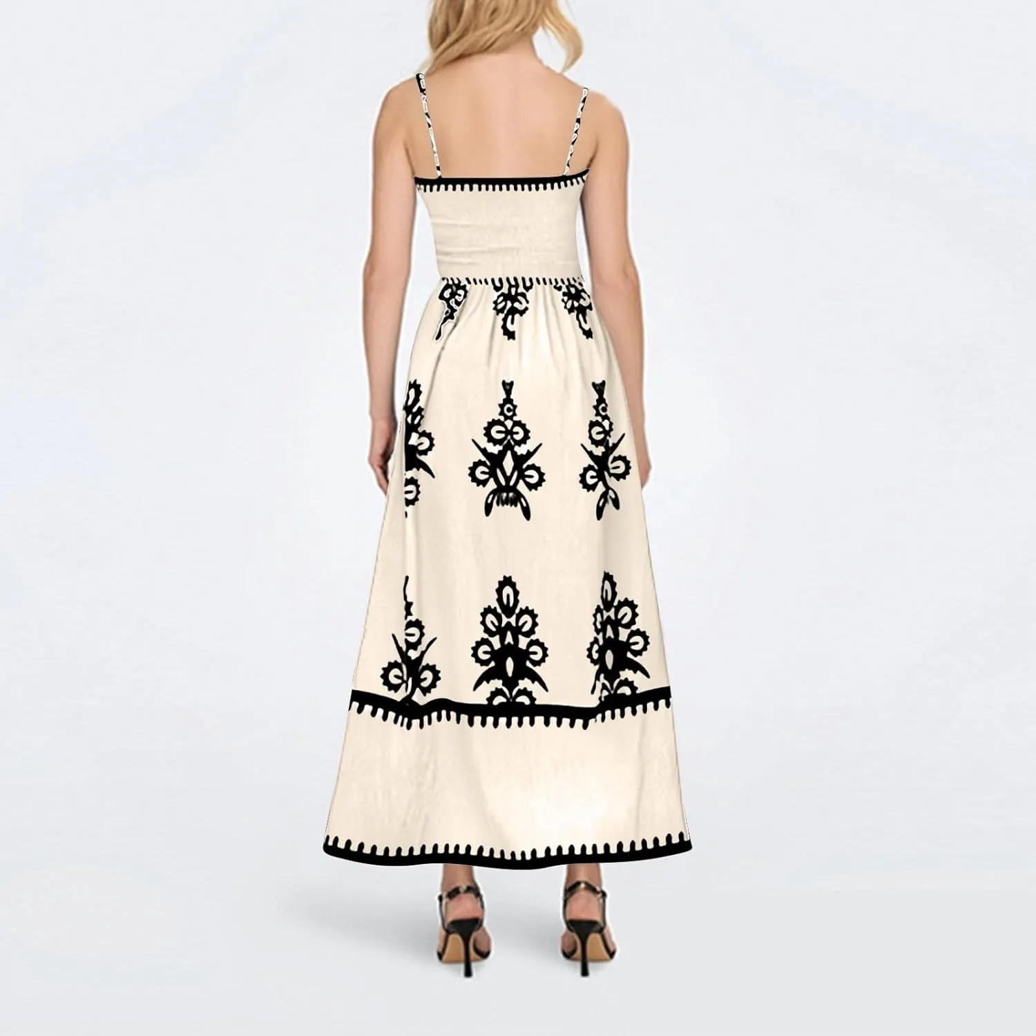 Summer Dresses for Women Elegant Spaghetti Strap Smocked Neck Sundresses with Pockets Vintage Printed Beach Dresses