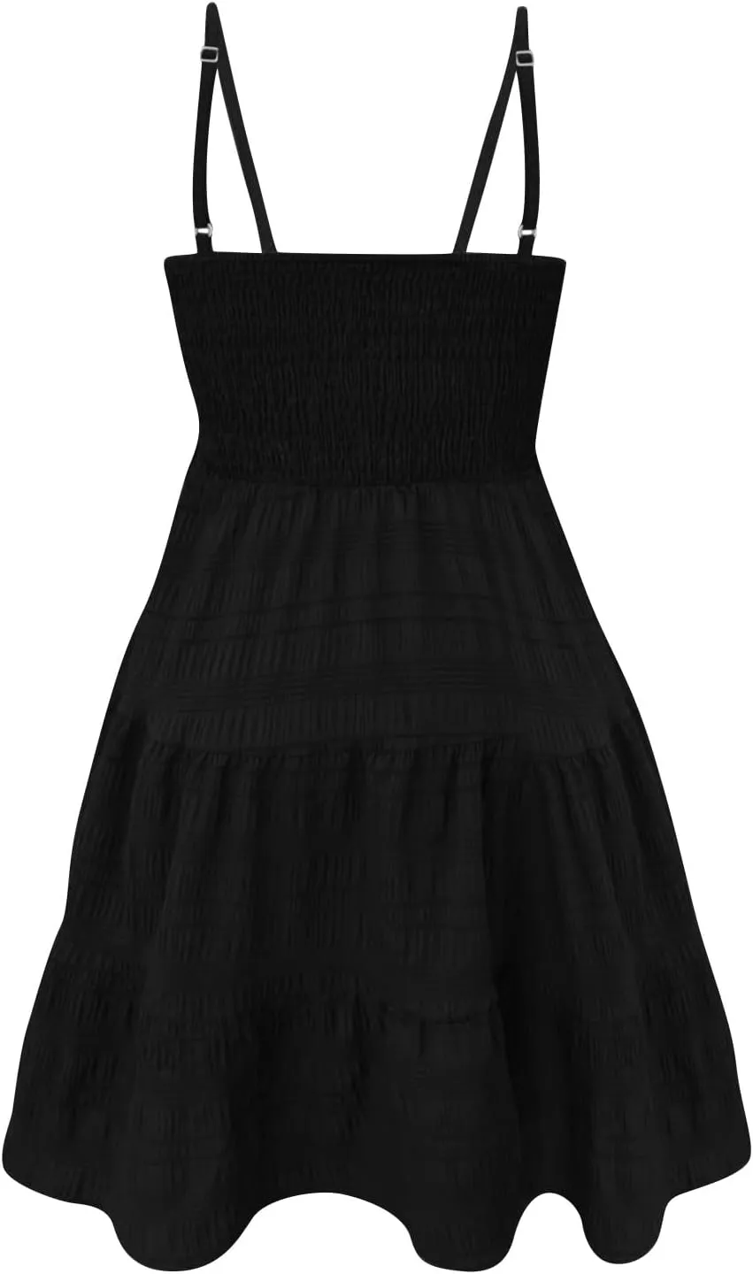Sundresses for Women 2025 Smocked Spaghetti Strap Tiered Ruffe Mini Dress Flowy Summer Casual A Line Skater Dress