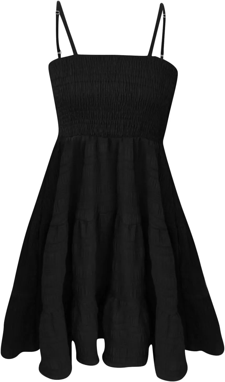 Sundresses for Women 2025 Smocked Spaghetti Strap Tiered Ruffe Mini Dress Flowy Summer Casual A Line Skater Dress