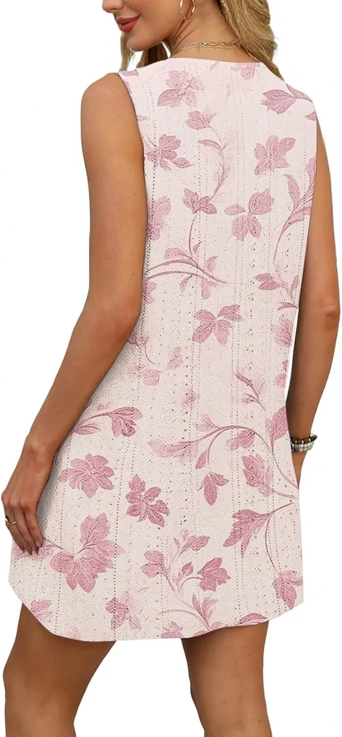 Sundresses for Women 2025 Summer Beach Cover Up Eyelet Dress Vacation Hawaiian Sleeveless Floral Tank Dresses