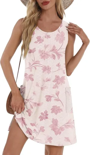 Sundresses for Women 2025 Summer Beach Cover Up Eyelet Dress Vacation Hawaiian Sleeveless Floral Tank Dresses