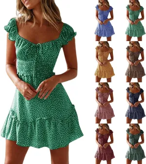 Sundresses for Women 2025 Summer Ruffle Sleeve Floral Tie Smocked Dresses Sexy Boho Neckline Printing Beach Mini Dress