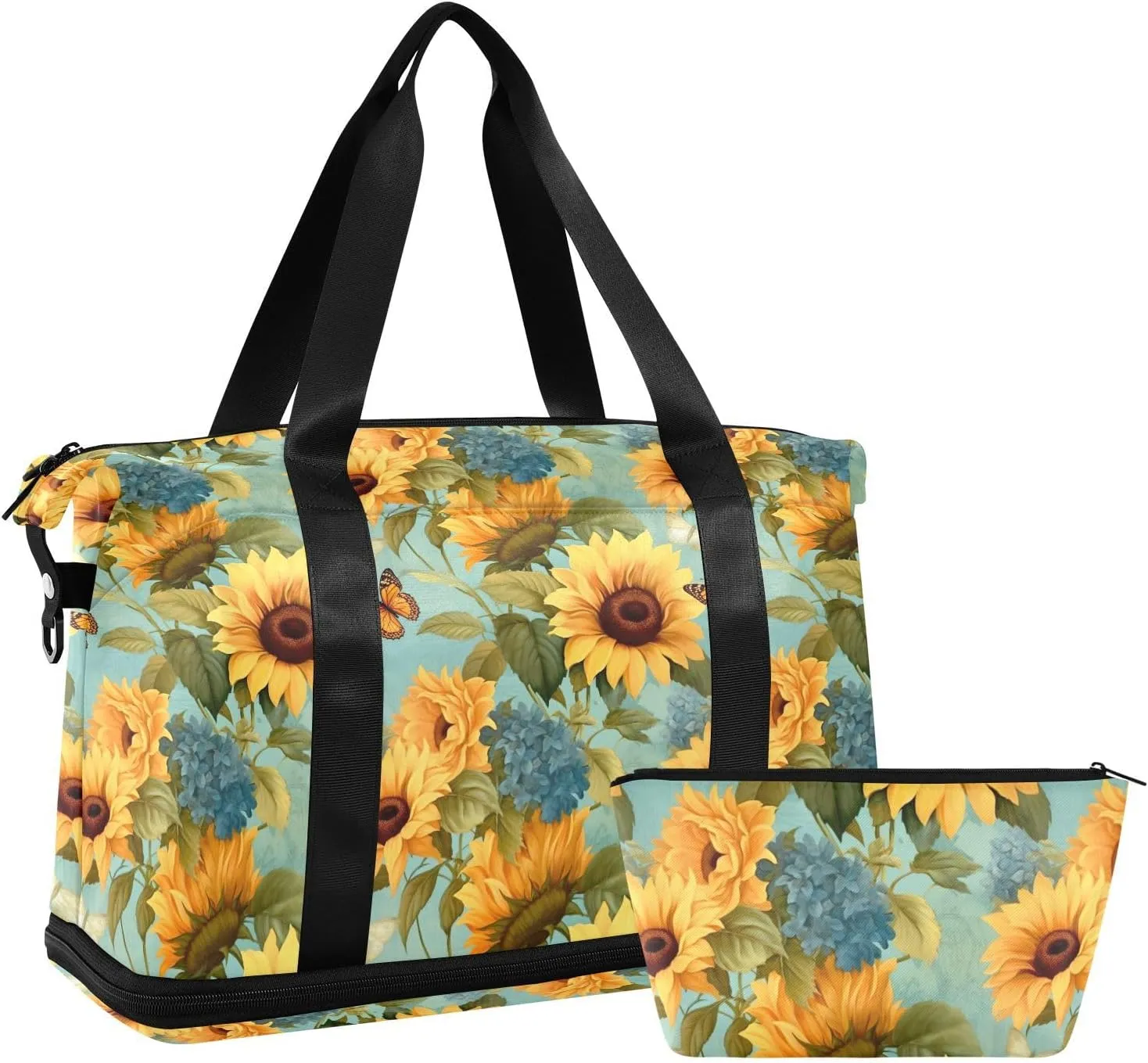 Sunflower and Butterfly Sports Gym Bag with Waterproof Dry Wet Pocket, Travel Duffel Bag for Women MenWorkout Bag Fits Yoga, Swimming