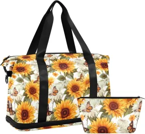Sunflower and Butterfly Sports Gym Bag with Waterproof Dry Wet Pocket, Travel Duffel Bag for Women MenWorkout Bag Fits Yoga, Swimming