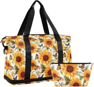 Sunflower and Butterfly Sports Gym Bag with Waterproof Dry Wet Pocket, Travel Duffel Bag for Women MenWorkout Bag Fits Yoga, Swimming
