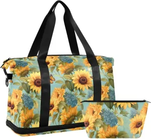 Sunflower and Butterfly Sports Gym Bag with Waterproof Dry Wet Pocket, Travel Duffel Bag for Women MenWorkout Bag Fits Yoga, Swimming