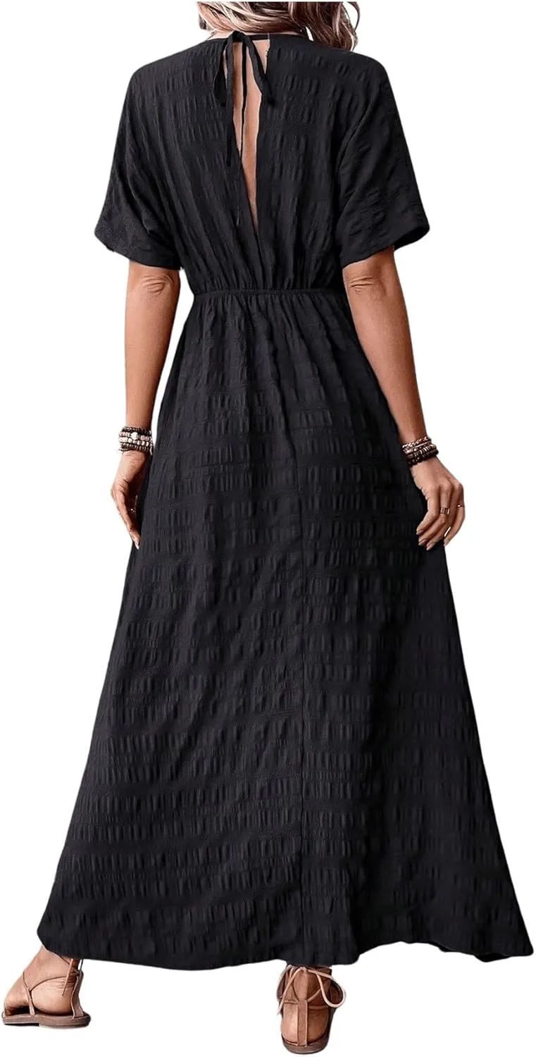 SweatyRocks Women's Batwing Short Sleeve V-Neck Dress Casual High Waist A-Line Flowy Maxi Dress