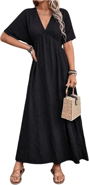 SweatyRocks Women's Batwing Short Sleeve V-Neck Dress Casual High Waist A-Line Flowy Maxi Dress