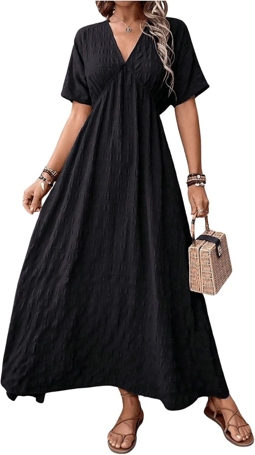 SweatyRocks Women's Batwing Short Sleeve V-Neck Dress Casual High Waist A-Line Flowy Maxi Dress