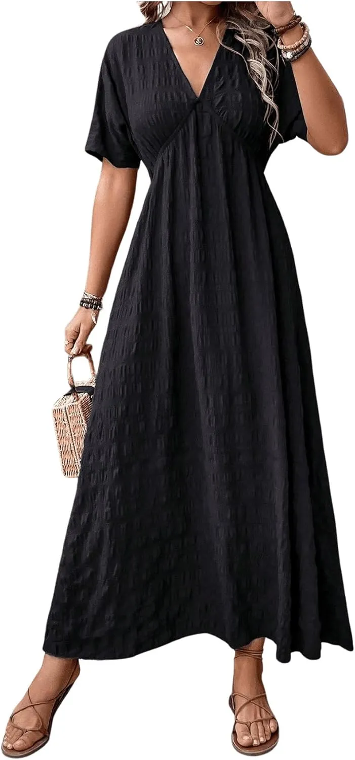 SweatyRocks Women's Batwing Short Sleeve V-Neck Dress Casual High Waist A-Line Flowy Maxi Dress