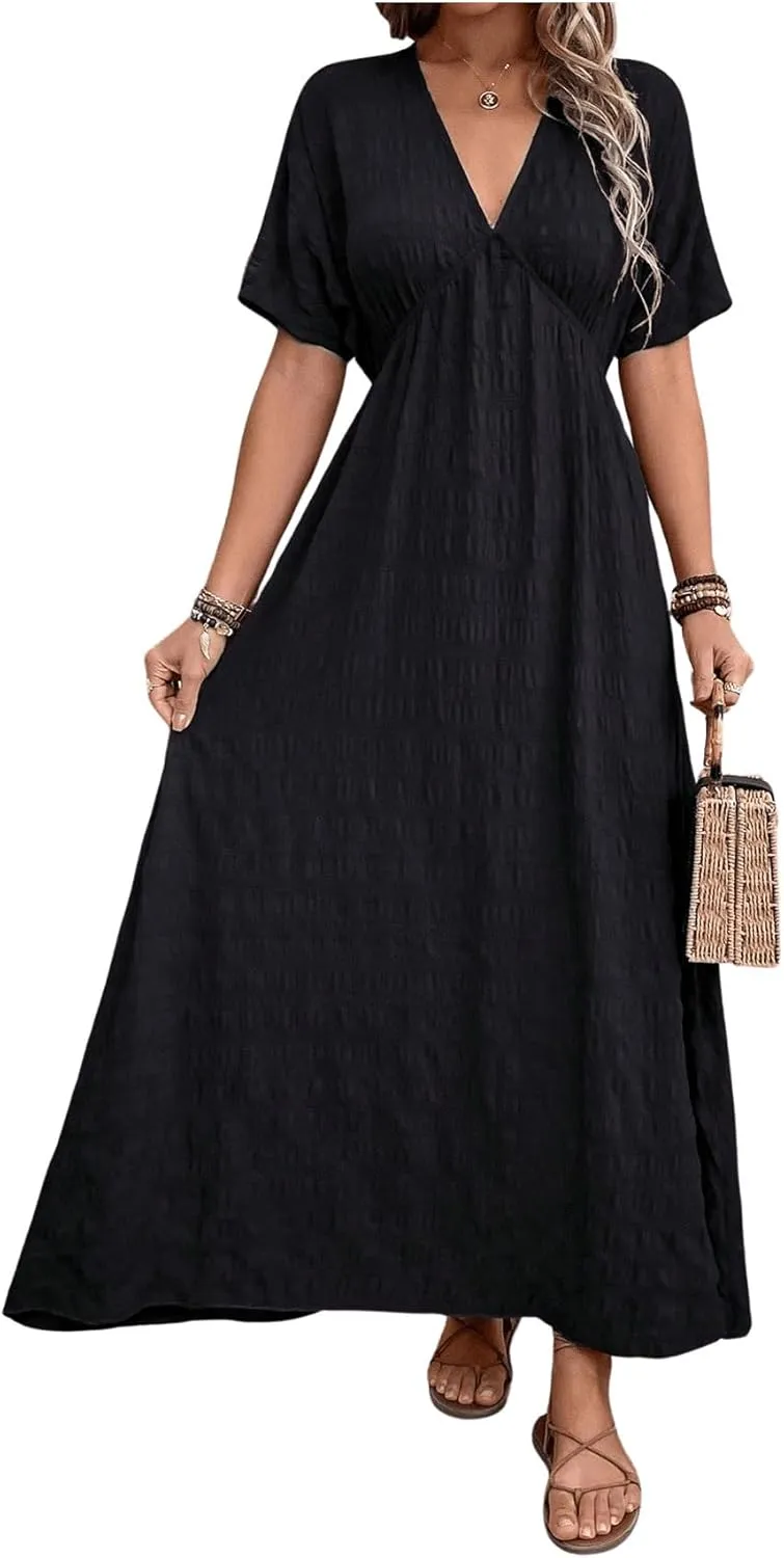SweatyRocks Women's Batwing Short Sleeve V-Neck Dress Casual High Waist A-Line Flowy Maxi Dress