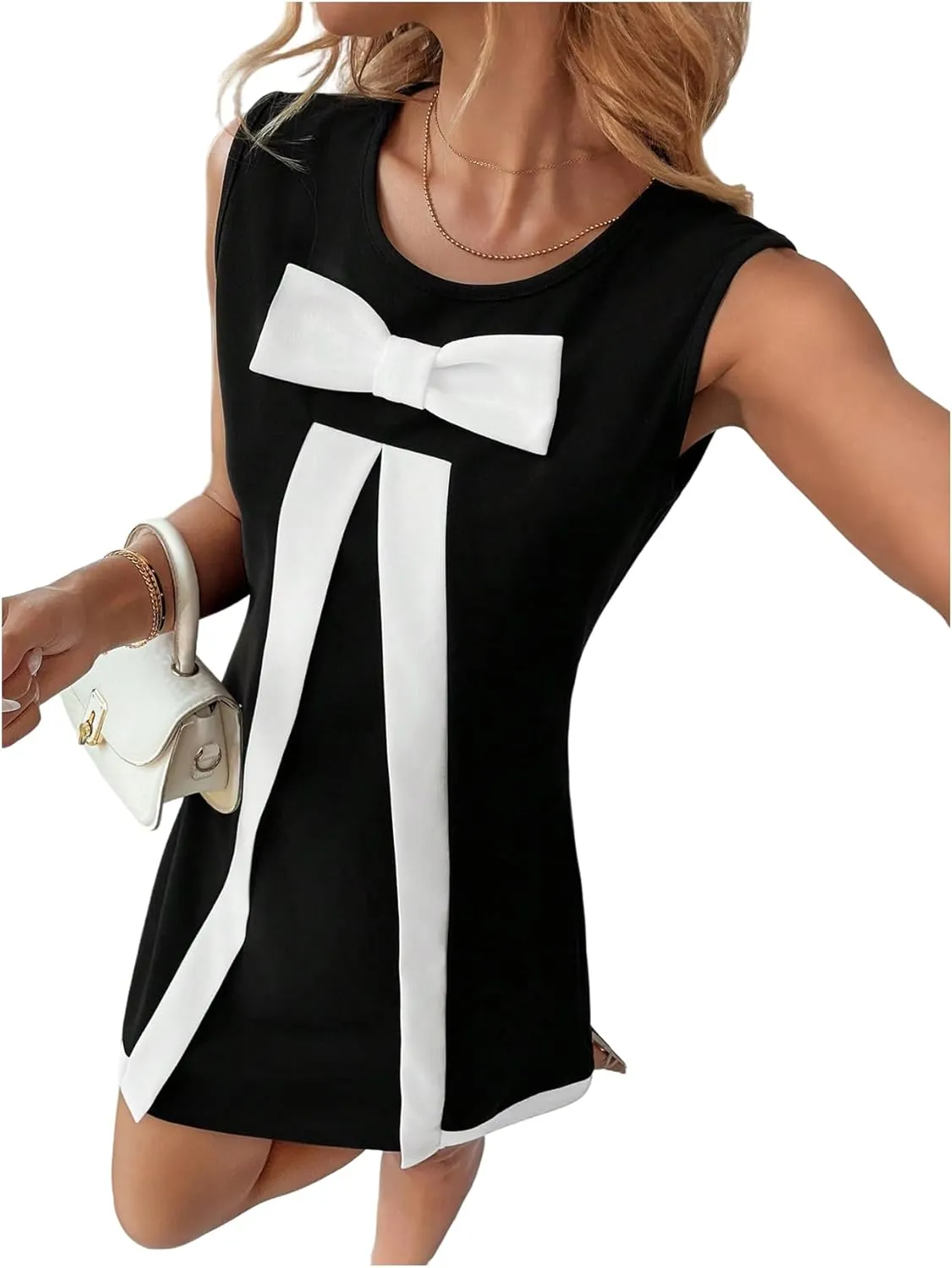 SweatyRocks Women's Bow Knot Mini Dress Round Neck Sleeveless Colorblock Elegant Casual Short Dress