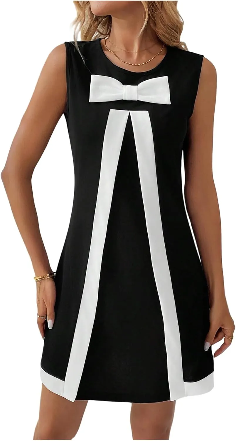 SweatyRocks Women's Bow Knot Mini Dress Round Neck Sleeveless Colorblock Elegant Casual Short Dress