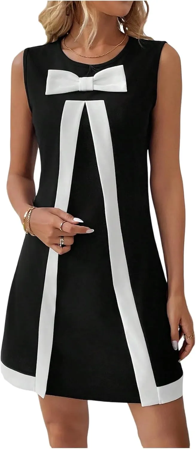 SweatyRocks Women's Bow Knot Mini Dress Round Neck Sleeveless Colorblock Elegant Casual Short Dress