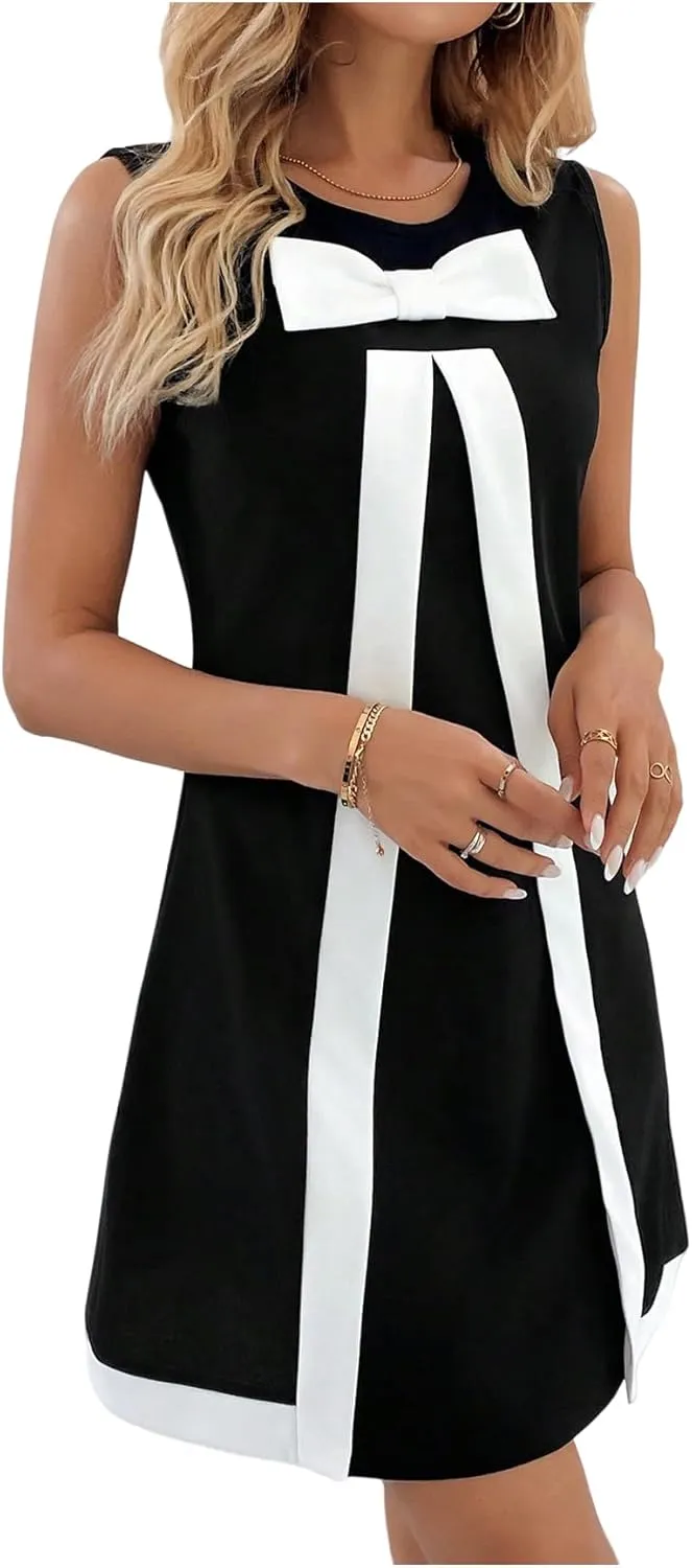 SweatyRocks Women's Bow Knot Mini Dress Round Neck Sleeveless Colorblock Elegant Casual Short Dress