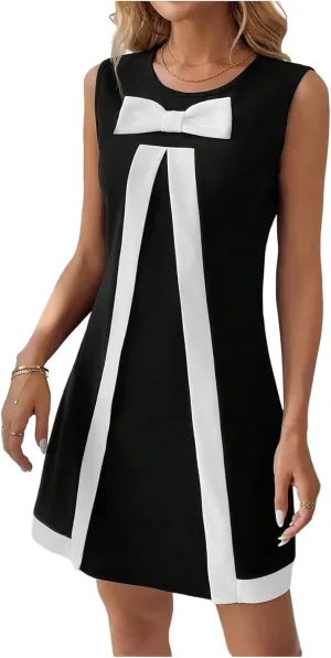 SweatyRocks Women's Bow Knot Mini Dress Round Neck Sleeveless Colorblock Elegant Casual Short Dress