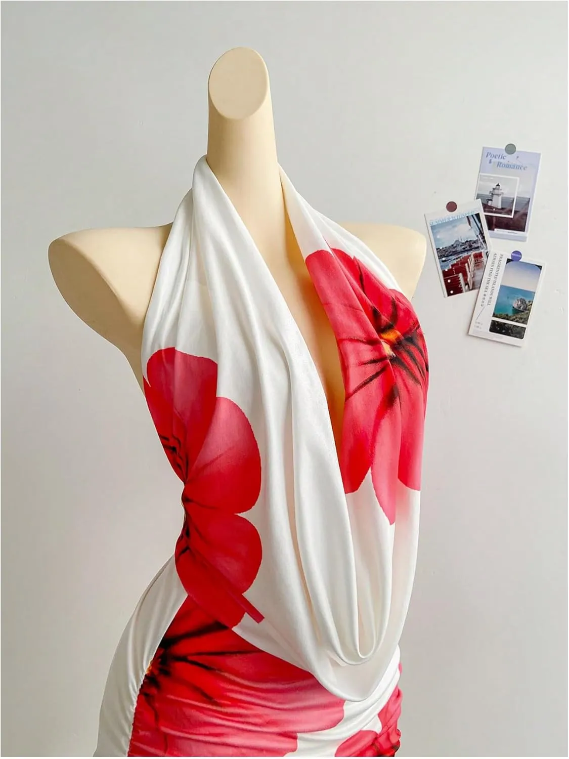 SweatyRocks Women's Draped Floral Print Halter Cocktail Dress Backless Sleeveless Bodycon Mini Dresses