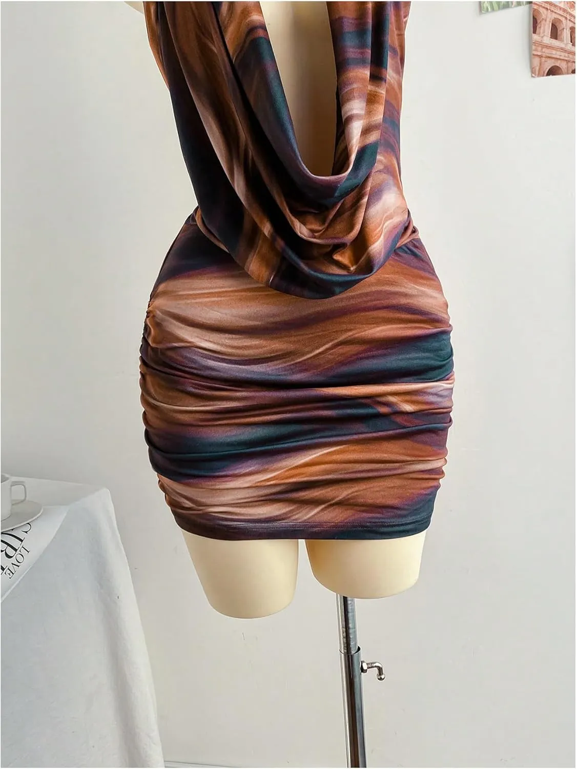 SweatyRocks Women's Draped Floral Print Halter Cocktail Dress Backless Sleeveless Bodycon Mini Dresses