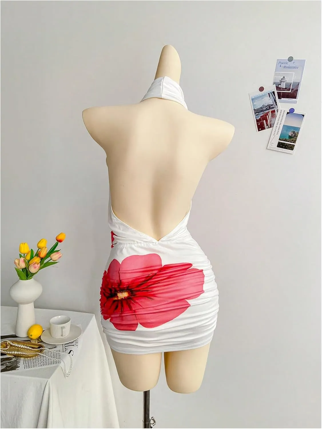 SweatyRocks Women's Draped Floral Print Halter Cocktail Dress Backless Sleeveless Bodycon Mini Dresses