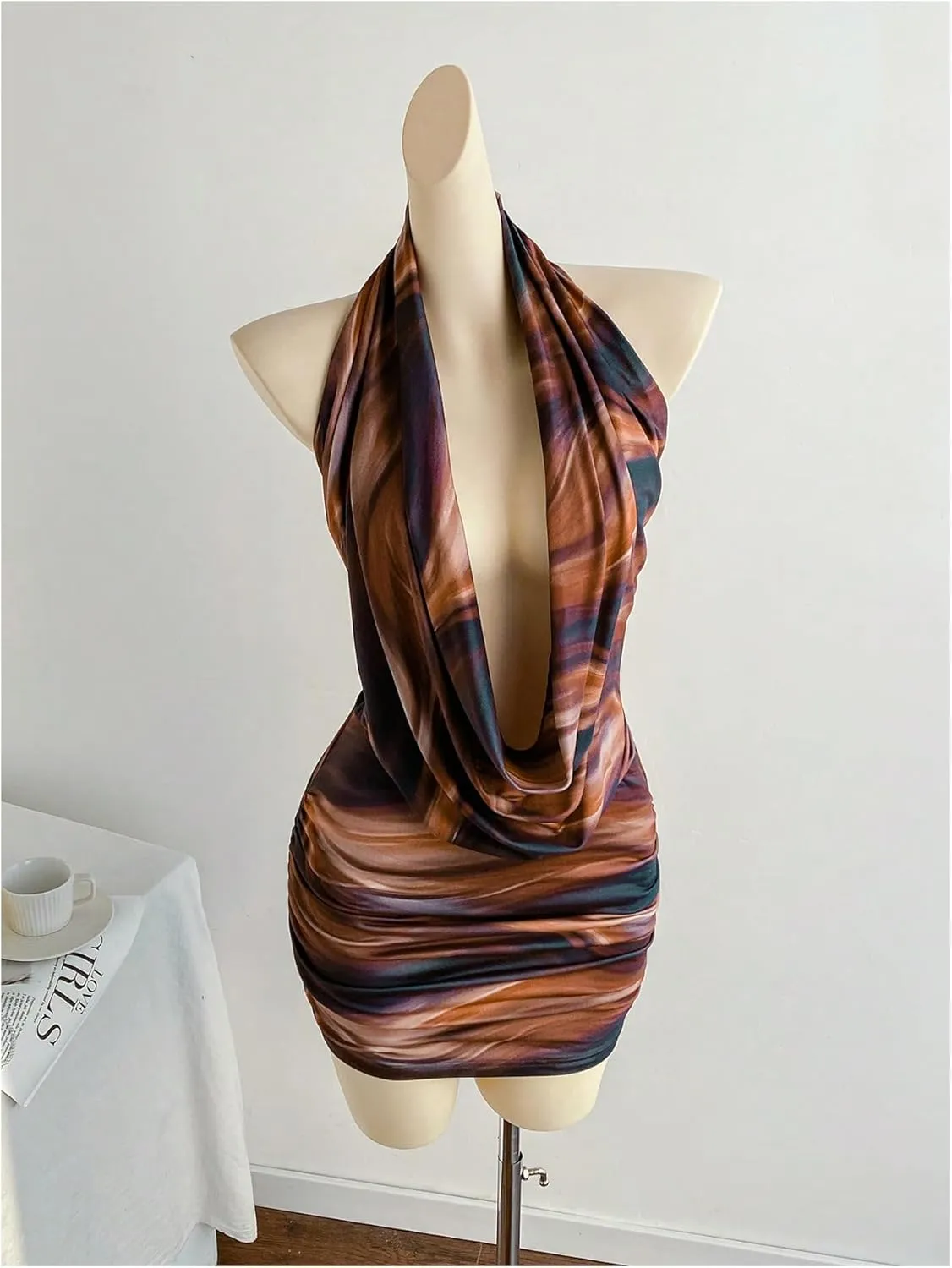 SweatyRocks Women's Draped Floral Print Halter Cocktail Dress Backless Sleeveless Bodycon Mini Dresses