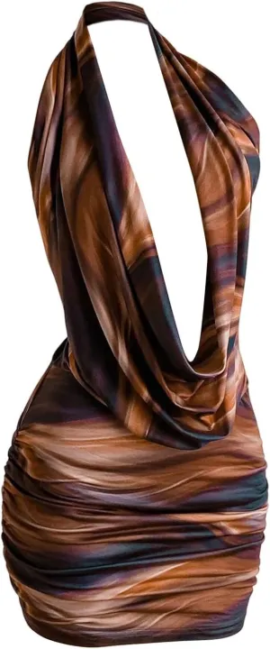 SweatyRocks Women's Draped Floral Print Halter Cocktail Dress Backless Sleeveless Bodycon Mini Dresses