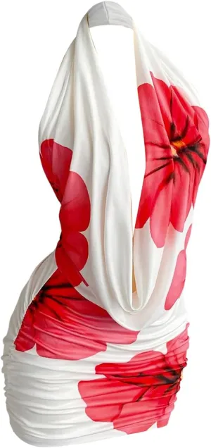 SweatyRocks Women's Draped Floral Print Halter Cocktail Dress Backless Sleeveless Bodycon Mini Dresses
