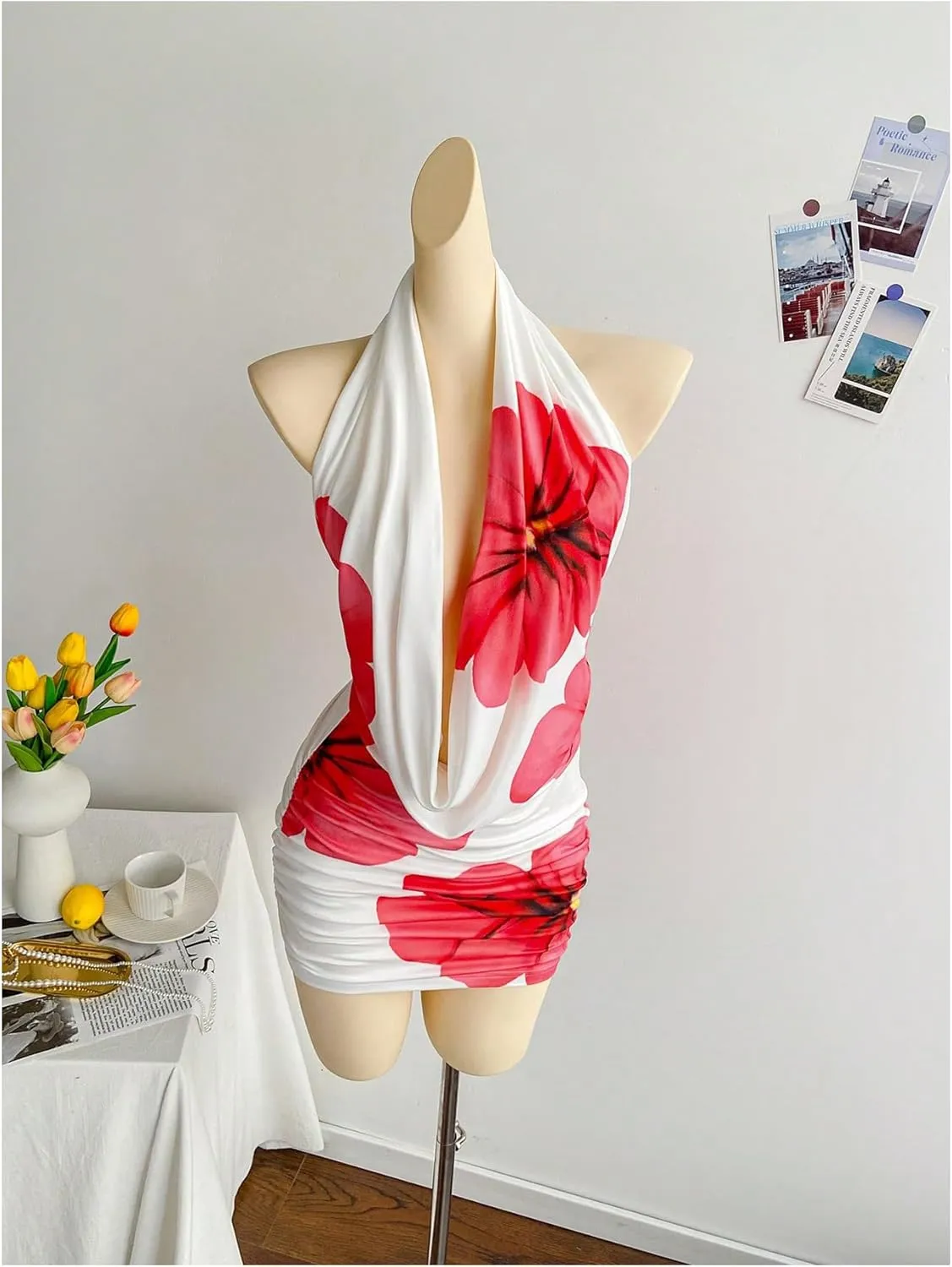 SweatyRocks Women's Draped Floral Print Halter Cocktail Dress Backless Sleeveless Bodycon Mini Dresses