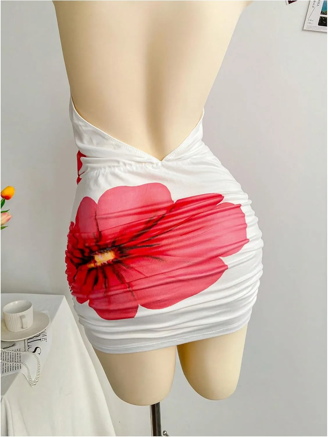SweatyRocks Women's Draped Floral Print Halter Cocktail Dress Backless Sleeveless Bodycon Mini Dresses