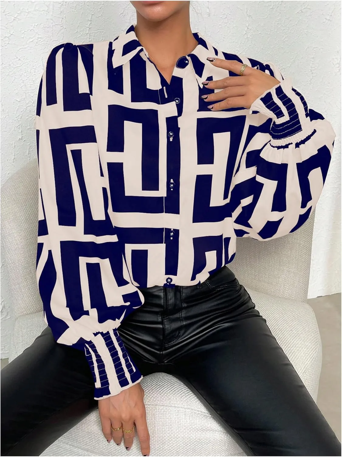 SweatyRocks Women's Graphic Print Long Lantern Sleeve Collar Neck Button Front Blouse Shirt Top
