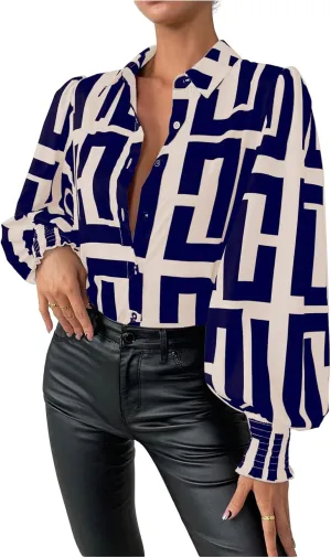 SweatyRocks Women's Graphic Print Long Lantern Sleeve Collar Neck Button Front Blouse Shirt Top