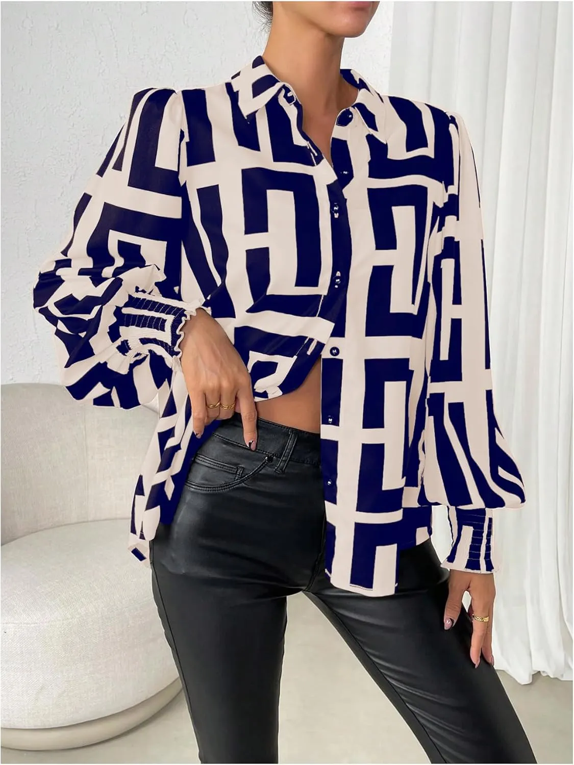 SweatyRocks Women's Graphic Print Long Lantern Sleeve Collar Neck Button Front Blouse Shirt Top