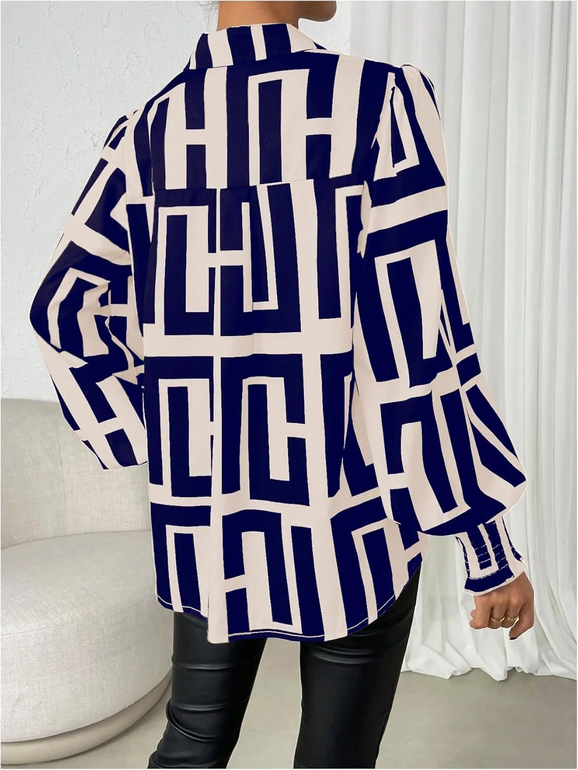 SweatyRocks Women's Graphic Print Long Lantern Sleeve Collar Neck Button Front Blouse Shirt Top