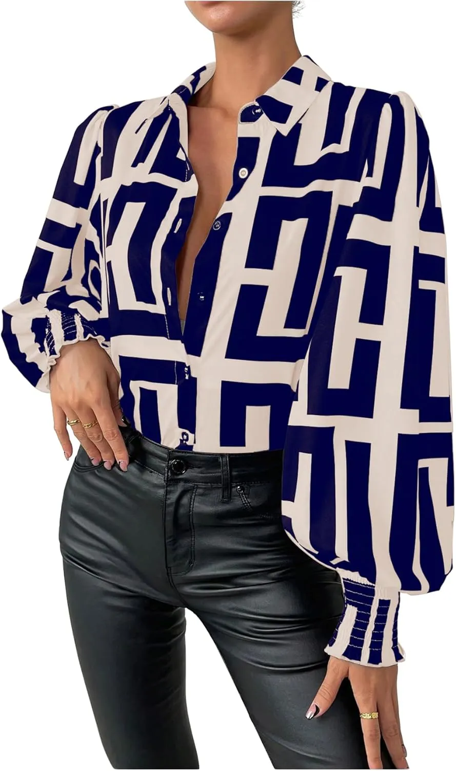 SweatyRocks Women's Graphic Print Long Lantern Sleeve Collar Neck Button Front Blouse Shirt Top
