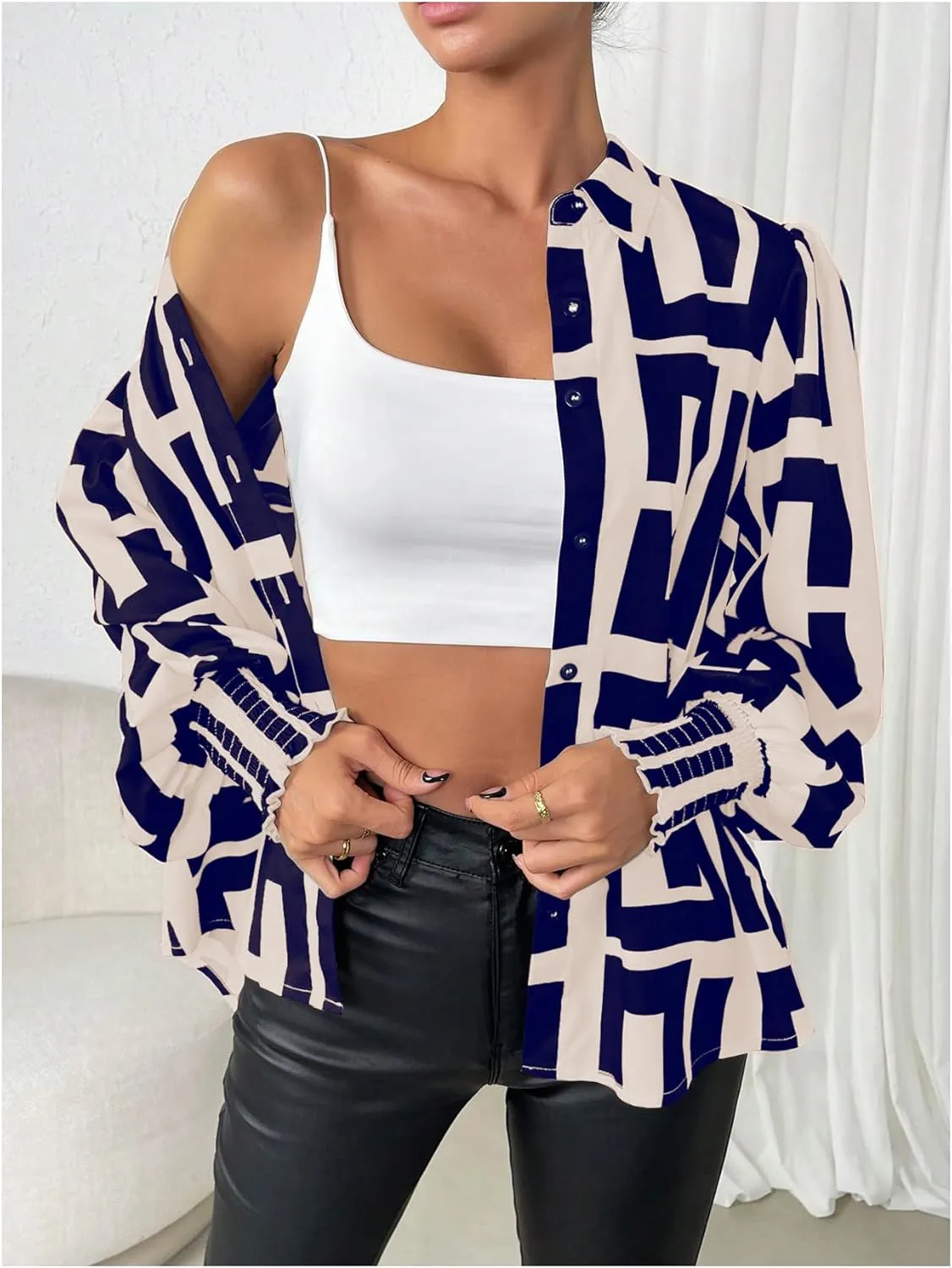SweatyRocks Women's Graphic Print Long Lantern Sleeve Collar Neck Button Front Blouse Shirt Top