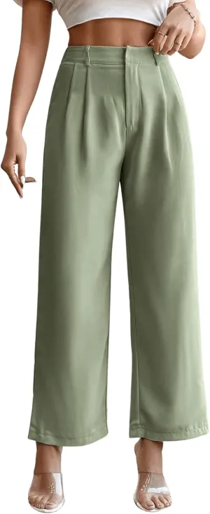 SweatyRocks Women's High Elastic Waist Zip Up Pleated Pants Casual Straight Leg Solid Dress Pants