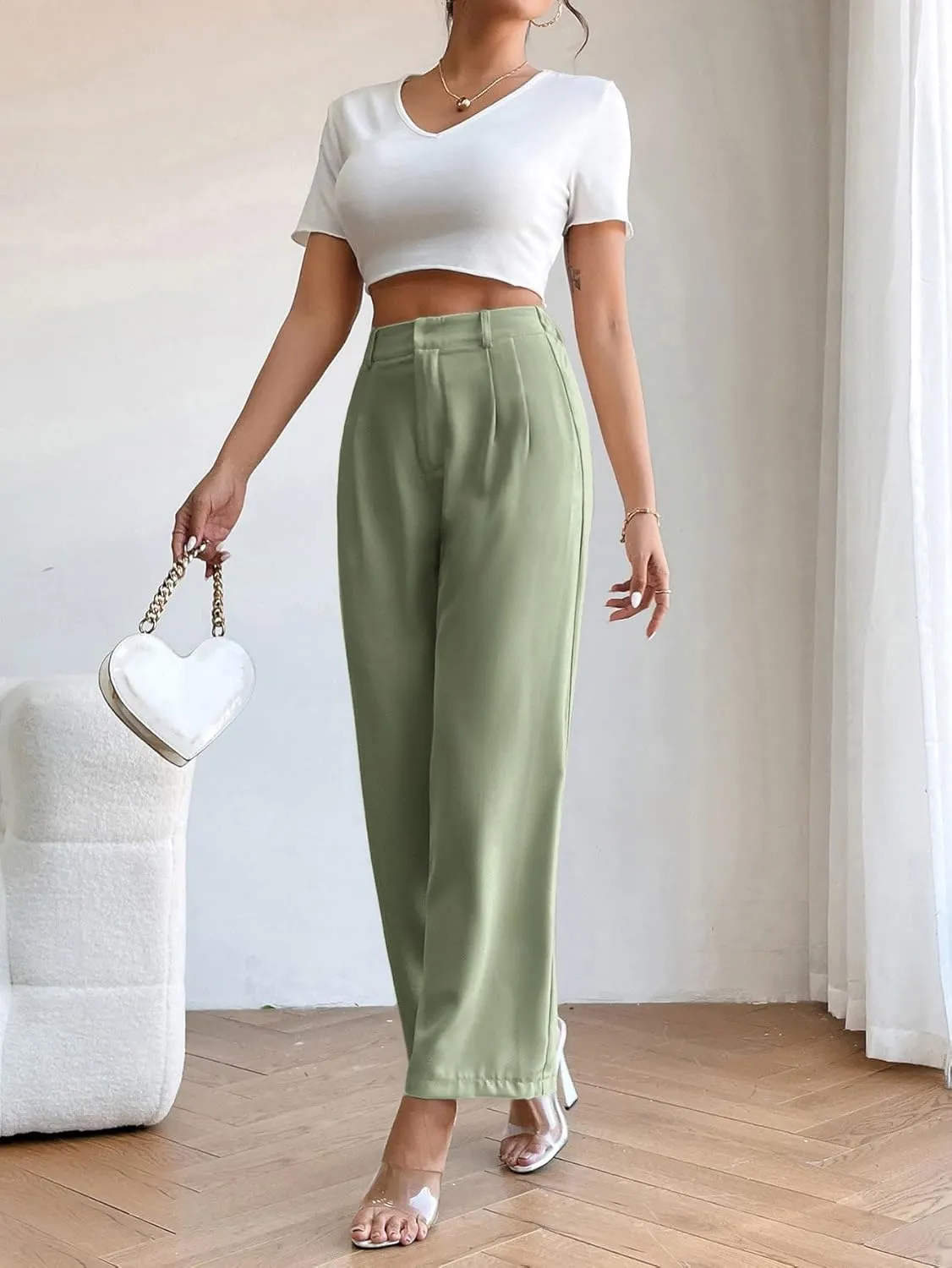 SweatyRocks Women's High Elastic Waist Zip Up Pleated Pants Casual Straight Leg Solid Dress Pants