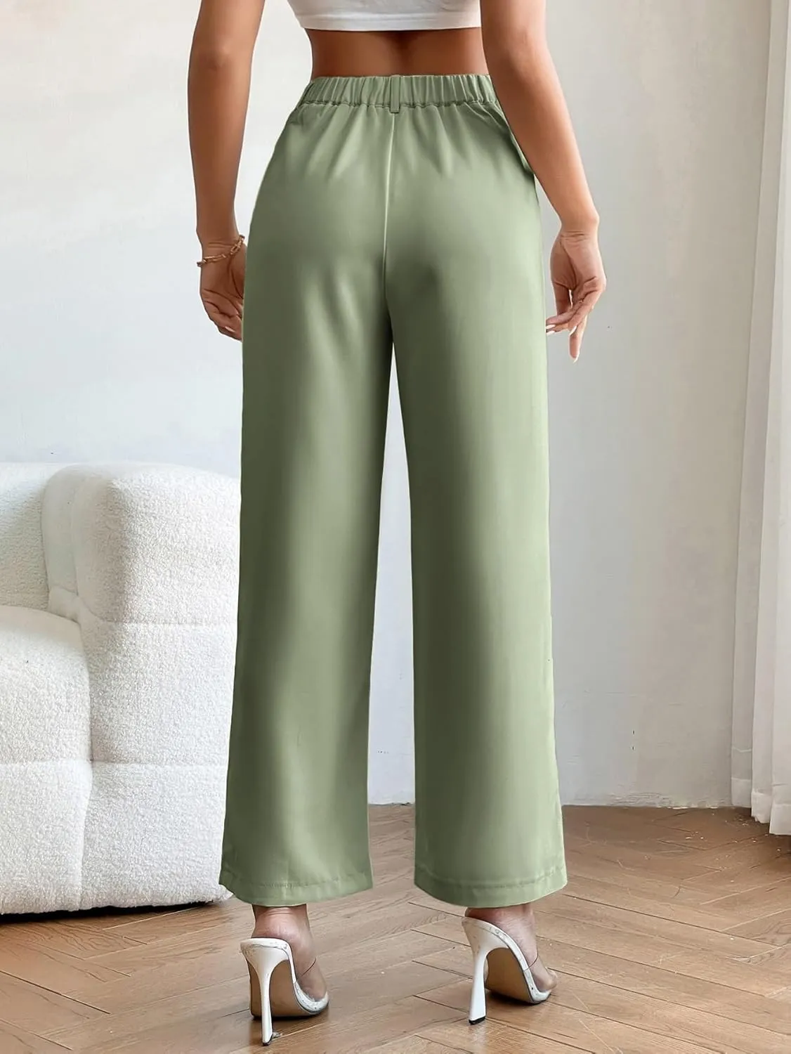 SweatyRocks Women's High Elastic Waist Zip Up Pleated Pants Casual Straight Leg Solid Dress Pants