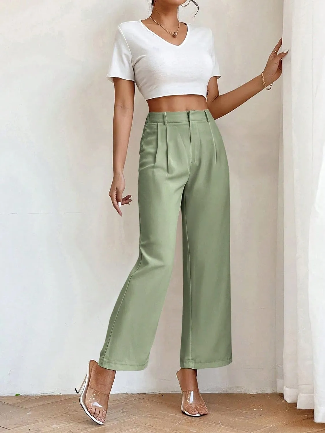 SweatyRocks Women's High Elastic Waist Zip Up Pleated Pants Casual Straight Leg Solid Dress Pants