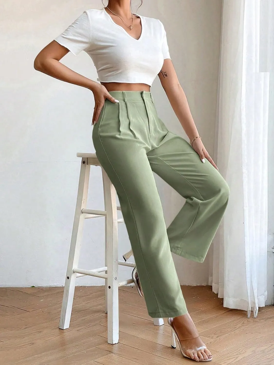 SweatyRocks Women's High Elastic Waist Zip Up Pleated Pants Casual Straight Leg Solid Dress Pants