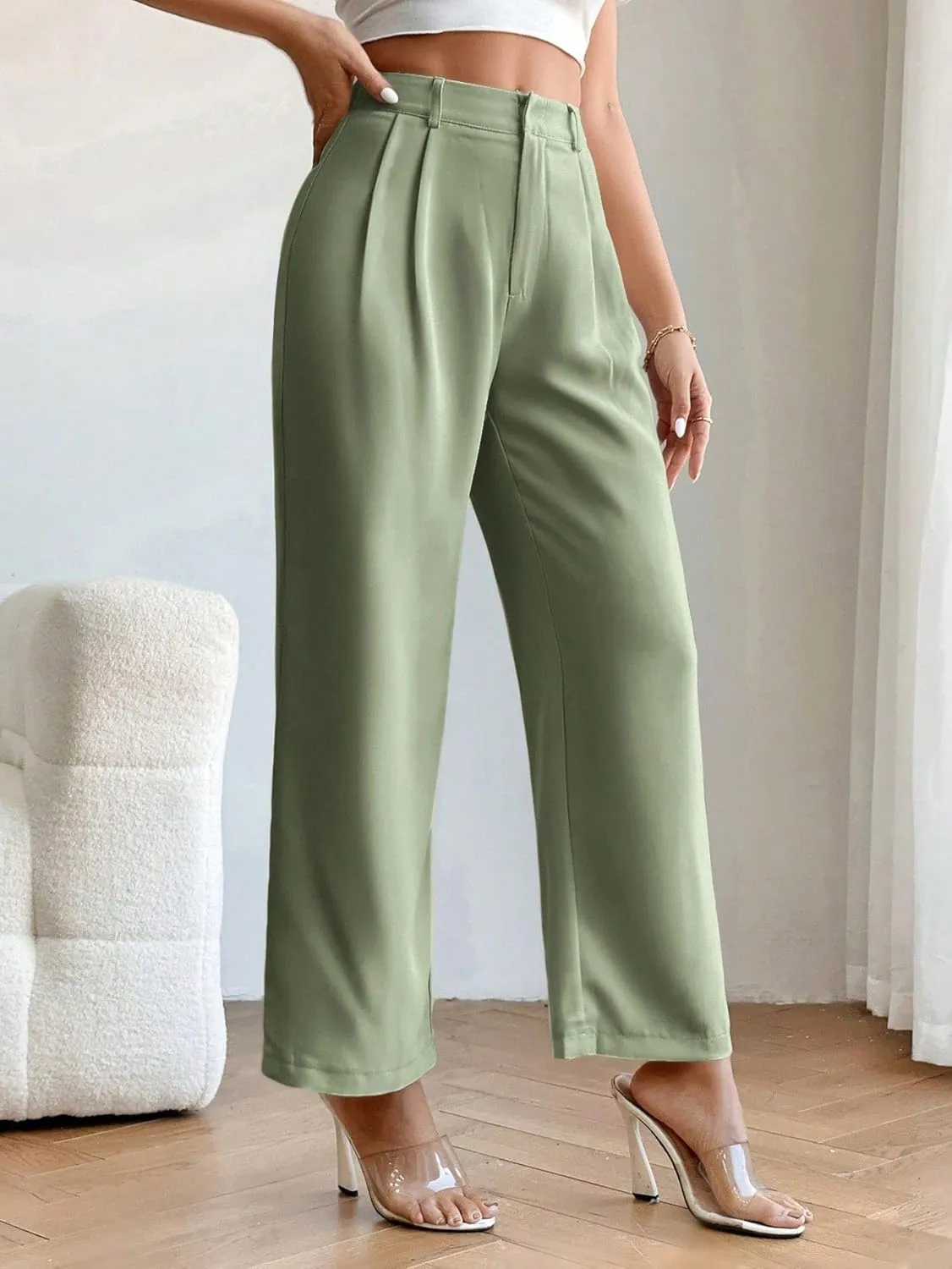 SweatyRocks Women's High Elastic Waist Zip Up Pleated Pants Casual Straight Leg Solid Dress Pants
